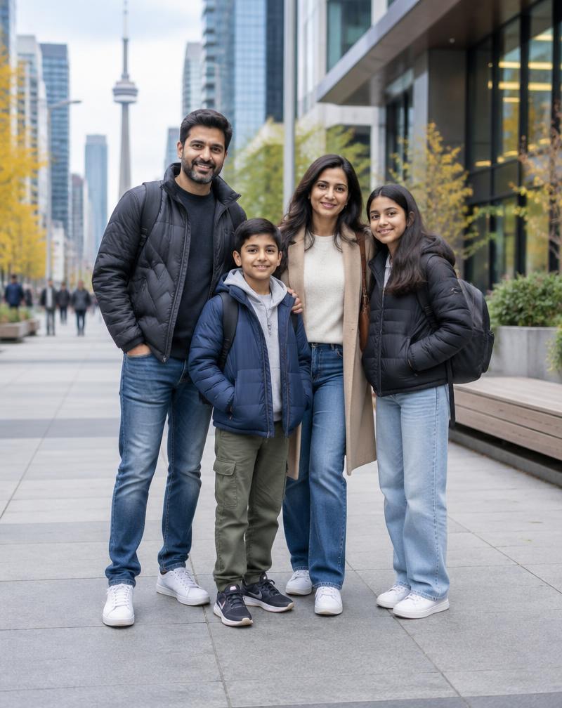Family together on a Canadian city street